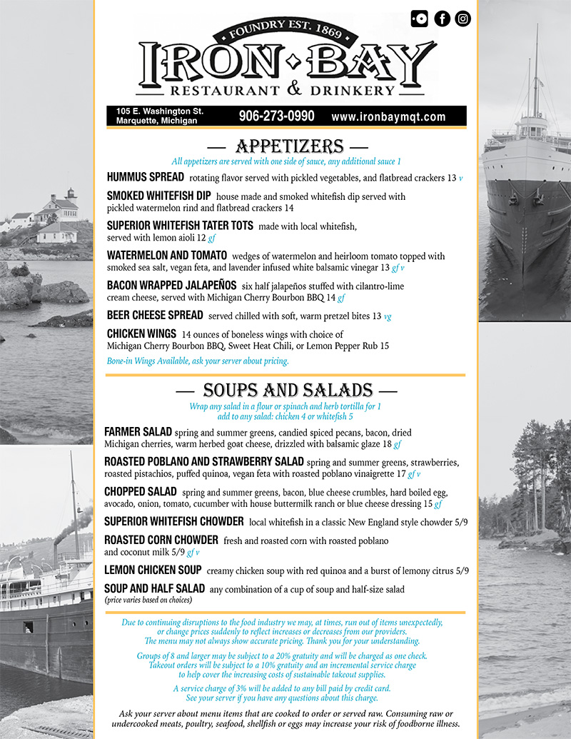 Menu Iron Bay Restaurant & Drinkery